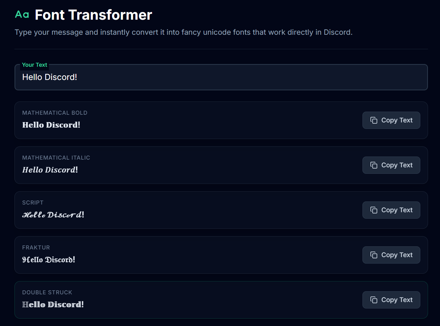 Discord Font Transformer — convert plain text into Unicode font styles like cursive, bubble letters, fraktur, and zalgo