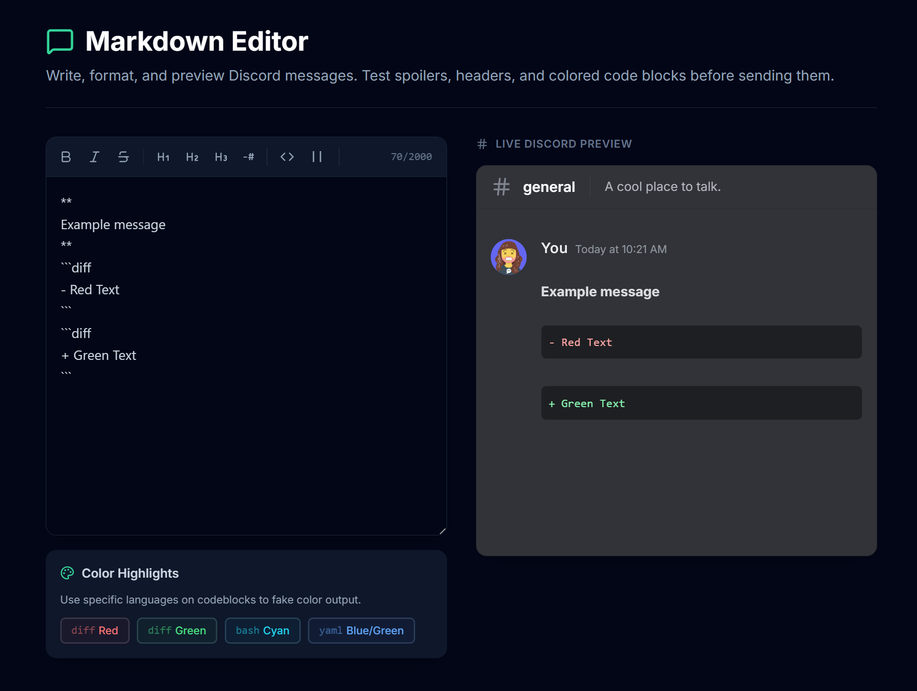 Discord Message Editor — write markdown on the left, see a live Discord preview on the right with colored code blocks and spoilers